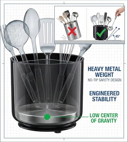 Cooler Kitchen Jumbo Extra Large Sturdy Rotating Black Utensil Holder Caddy with No-Tip Weighted Base, and Gripped Insert - Rust Proof and Dishwasher Safe Kitchen Utensils Holder - My Kitchen Products