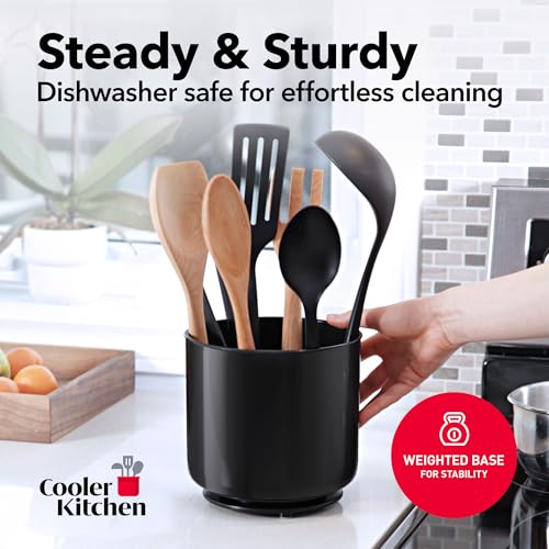 Cooler Kitchen Jumbo Extra Large Sturdy Rotating Black Utensil Holder Caddy with No-Tip Weighted Base, and Gripped Insert - Rust Proof and Dishwasher Safe Kitchen Utensils Holder - My Kitchen Products