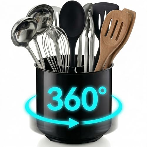 Cooler Kitchen Jumbo Extra Large Sturdy Rotating Black Utensil Holder Caddy with No-Tip Weighted Base, and Gripped