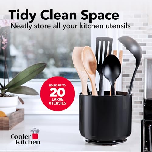 Cooler Kitchen Jumbo Extra Large Sturdy Rotating Black Utensil Holder Caddy with No-Tip Weighted Base, and Gripped Insert - Rust Proof and Dishwasher Safe Kitchen Utensils Holder - My Kitchen Products