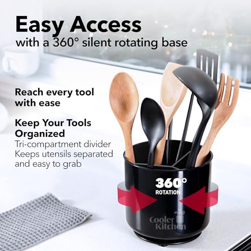 Cooler Kitchen Jumbo Extra Large Sturdy Rotating Black Utensil Holder Caddy with No-Tip Weighted Base, and Gripped Insert - Rust Proof and Dishwasher Safe Kitchen Utensils Holder - My Kitchen Products