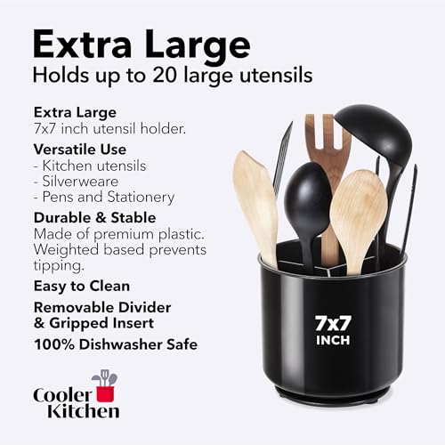 Cooler Kitchen Jumbo Extra Large Sturdy Rotating Black Utensil Holder Caddy with No-Tip Weighted Base, and Gripped Insert - Rust Proof and Dishwasher Safe Kitchen Utensils Holder - My Kitchen Products