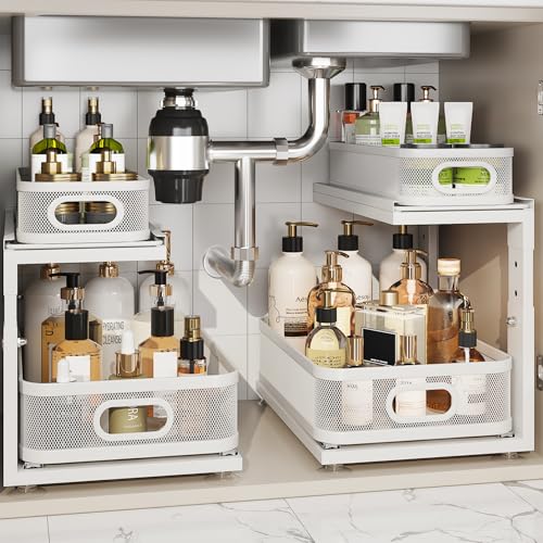 Corbyles 2 Pack Under Sink Organizer With Next-Gen Ball-Bearing Slides,2-Tier Precision Mesh Pull Out Cabinet Drawers