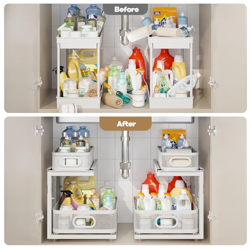 Corbyles 2 Pack Under Sink Organizer With Next-Gen Ball-Bearing Slides,2-Tier Precision Mesh Pull Out Cabinet Drawers Storage for Bathroom&Kitchen,Height Adjustable Shelf,Rust-resistant-Patent Pending - My Kitchen Products
