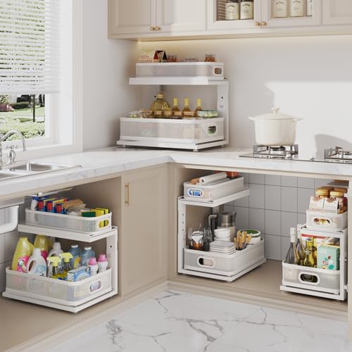 Corbyles 2 Pack Under Sink Organizer With Next-Gen Ball-Bearing Slides,2-Tier Precision Mesh Pull Out Cabinet Drawers Storage for Bathroom&Kitchen,Height Adjustable Shelf,Rust-resistant-Patent Pending - My Kitchen Products