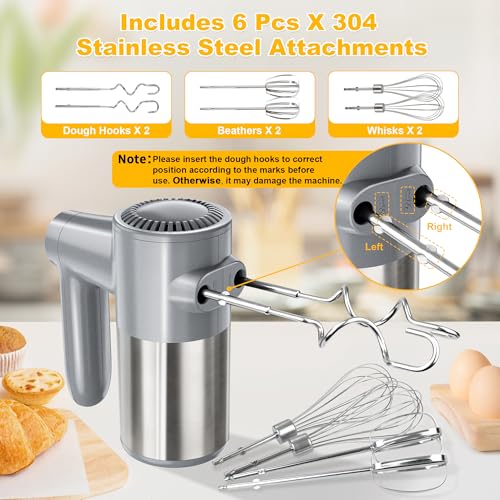 Cordless Electric Hand Mixer, 7 Speed Rechargeable Wireless Handheld Mixer with Eject Button, Long Battery, Quiet Anti-Splash, 6×304 Stainless Steel Attachments & Storage Base for Baking (Silver) - My Kitchen Products