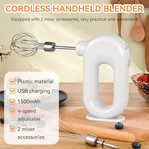 Cordless Hand Mixer, Electric Hand Whisk Portable Egg Beater Handheld Egg Beater Electric Handheld 4 Speed Adjustable Mini Hand Mixer Electric Mixer, USB Charing, 1500mah(White) - My Kitchen Products