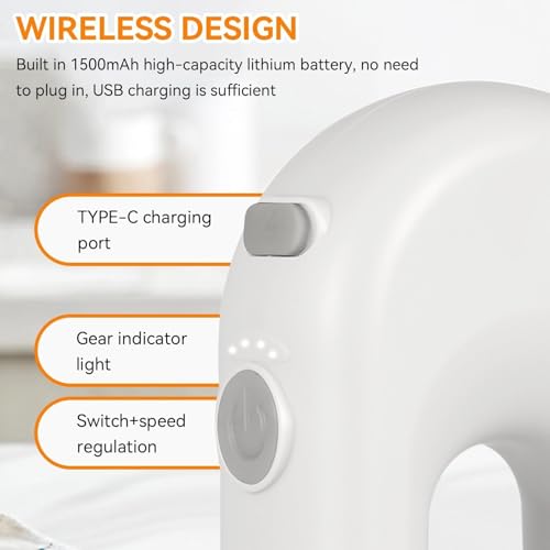 Cordless Hand Mixer, Electric Hand Whisk Portable Egg Beater Handheld Egg Beater Electric Handheld 4 Speed Adjustable Mini Hand Mixer Electric Mixer, USB Charing, 1500mah(White) - My Kitchen Products