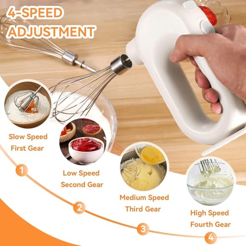 Cordless Hand Mixer, Electric Hand Whisk Portable Egg Beater Handheld Egg Beater Electric Handheld 4 Speed Adjustable Mini Hand Mixer Electric Mixer, USB Charing, 1500mah(White) - My Kitchen Products