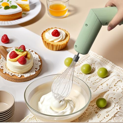 Cordless Hand Mixer, Foldable Design Handheld Electric Whisk with 3 Speed Modes, Hand Held Egg Beater with 2 Detachable Stir Whisks (Green) - My Kitchen Products
