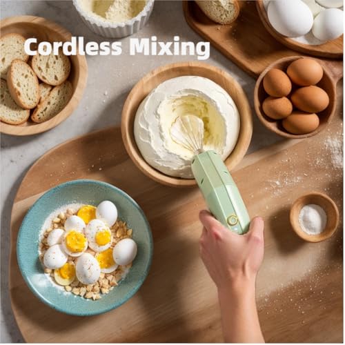 Cordless Hand Mixer, Foldable Design Handheld Electric Whisk with 3 Speed Modes, Hand Held Egg Beater with 2 Detachable Stir Whisks (Green) - My Kitchen Products