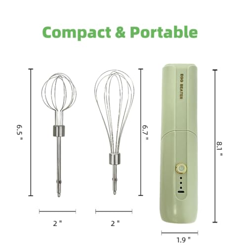 Cordless Hand Mixer, Foldable Design Handheld Electric Whisk with 3 Speed Modes, Hand Held Egg Beater with 2 Detachable Stir Whisks (Green) - My Kitchen Products