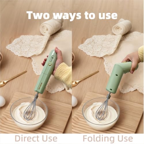 Cordless Hand Mixer, Foldable Design Handheld Electric Whisk with 3 Speed Modes, Hand Held Egg Beater with 2 Detachable Stir Whisks (Green) - My Kitchen Products