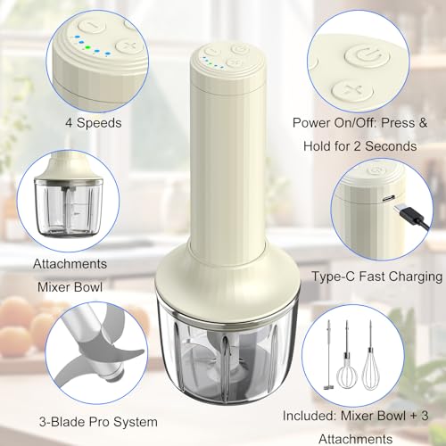 Cordless Hand Mixer MixgoII, Handheld Mixer Electric Whisk & Milk Frother, Hand Held Mini Mixers, Rechargeable Hand Mixer and Whisker, Food Processor for Cooking, Food Chopper, 4-Speed, 10Oz - My Kitchen Products