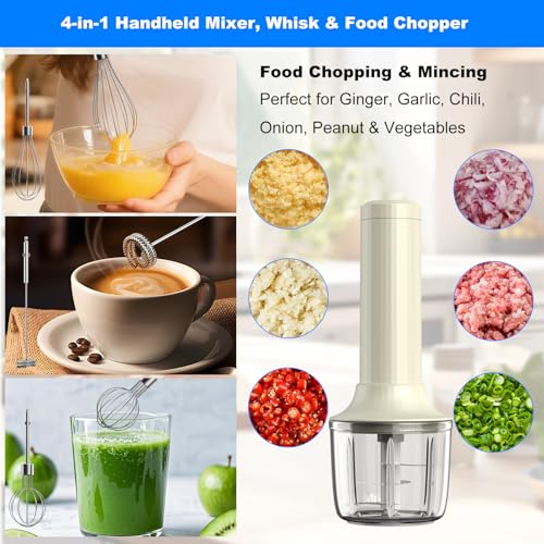 Cordless Hand Mixer MixgoII, Handheld Mixer Electric Whisk & Milk Frother, Hand Held Mini Mixers, Rechargeable Hand Mixer and Whisker, Food Processor for Cooking, Food Chopper, 4-Speed, 10Oz - My Kitchen Products