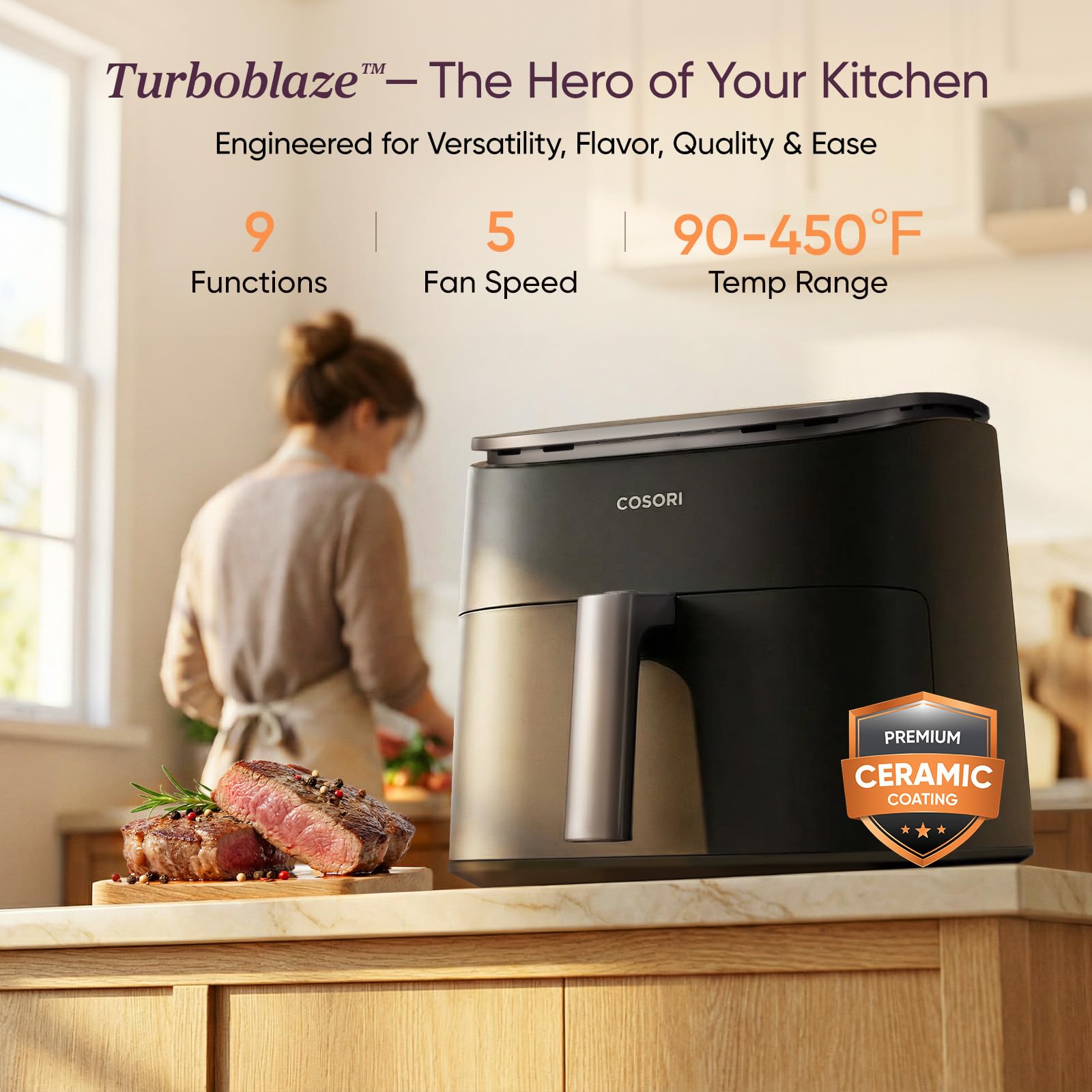 Cosori 9-in-1 TurboBlaze Air Fryer 6 Qt, PFAS-Free Ceramic Coating, 90°–450°F, Precise Heating for Even Results, Air Fry, Roast, Bake, Broil, Dry, Frozen, Proof, Reheat, Keep Warm, 120V, Dark Gray - My Kitchen Products