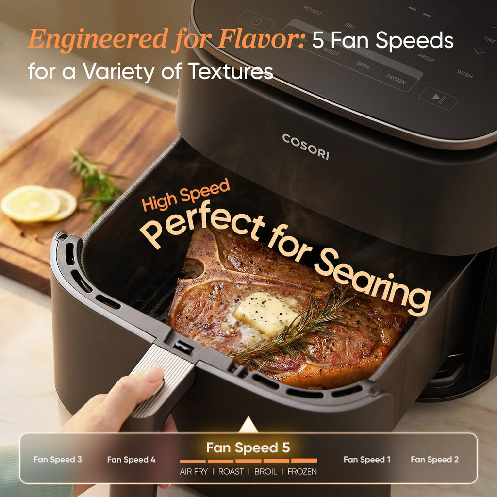 Cosori 9-in-1 TurboBlaze Air Fryer 6 Qt, PFAS-Free Ceramic Coating, 90°–450°F, Precise Heating for Even Results, Air Fry, Roast, Bake, Broil, Dry, Frozen, Proof, Reheat, Keep Warm, 120V, Dark Gray - My Kitchen Products