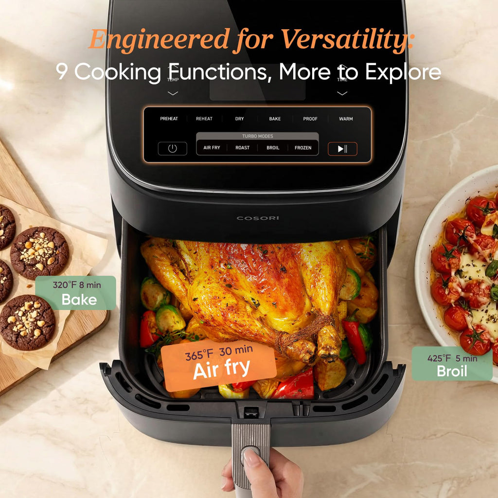 Cosori 9-in-1 TurboBlaze Air Fryer 6 Qt, PFAS-Free Ceramic Coating, 90°–450°F, Precise Heating for Even Results, Air Fry, Roast, Bake, Broil, Dry, Frozen, Proof, Reheat, Keep Warm, 120V, Dark Gray - My Kitchen Products