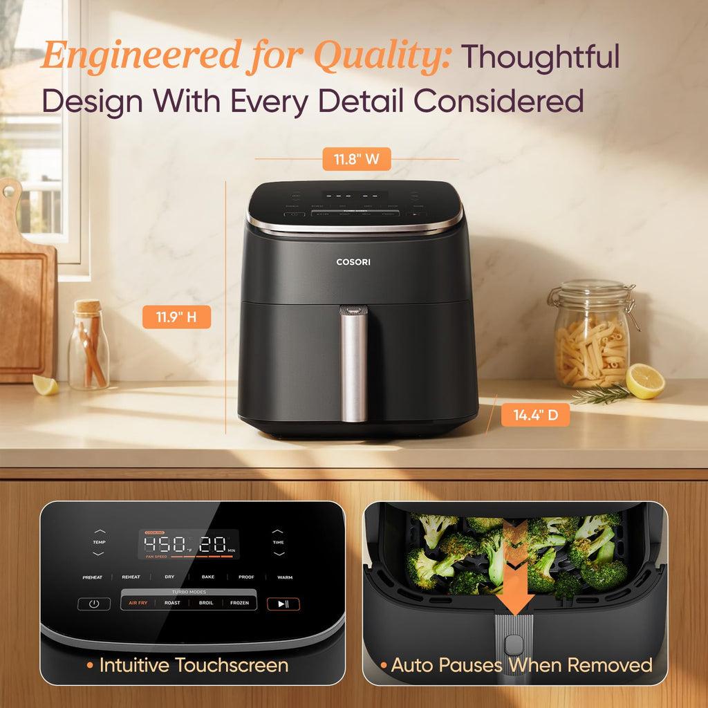 Cosori 9-in-1 TurboBlaze Air Fryer 6 Qt, PFAS-Free Ceramic Coating, 90°–450°F, Precise Heating for Even Results, Air Fry, Roast, Bake, Broil, Dry, Frozen, Proof, Reheat, Keep Warm, 120V, Dark Gray - My Kitchen Products