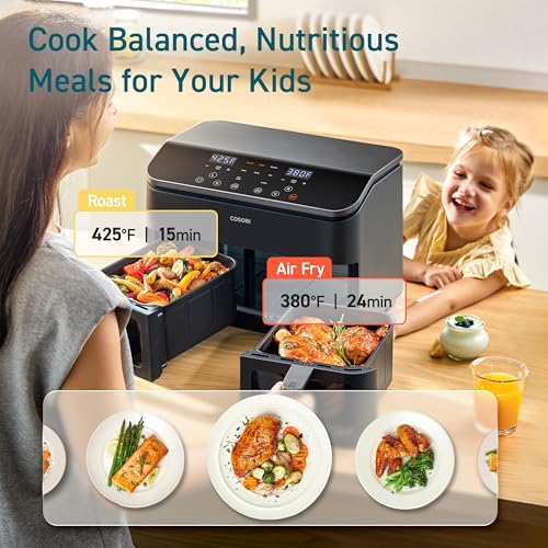 Cosori Dual Air Fryer 9Qt – 10-in-1, Fresh Balanced Meals for Family and Children with Double Baskets, Sync Cook & Finish to Bake, Roast, Reheat, Broil & 130 Recipes for Easy Cooking, Dishwasher Safe - My Kitchen Products