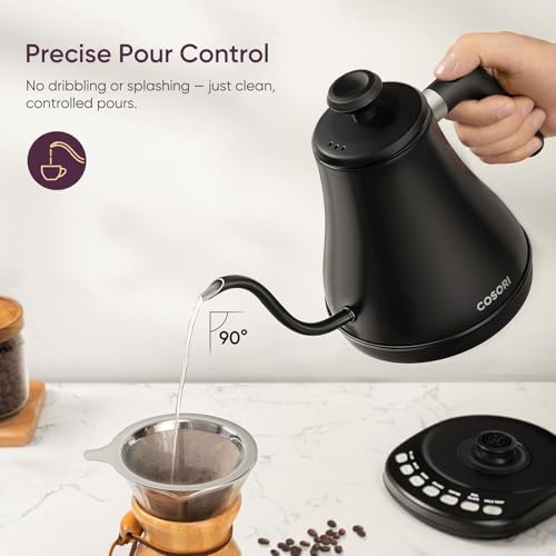 Cosori Electric Gooseneck Kettle with 5 Temperature Control Presets, Pour Over Kettle for Coffee & Tea, Hot Water Boiler, 100% Stainless Steel Inner Lid & Bottom, 1200W, 0.8L, Black - My Kitchen Products