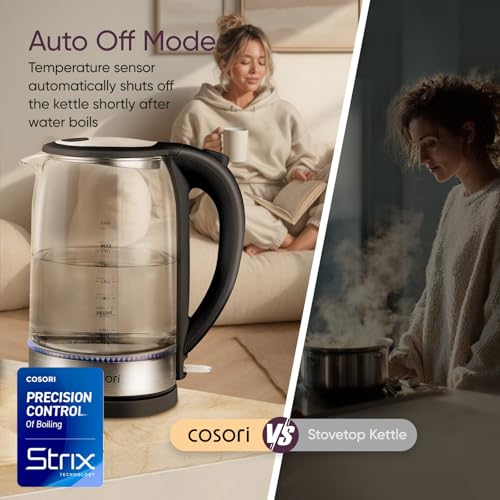 Cosori Electric Kettle, No Plastic Contact With Water, Wide Mouth For Easy Cleaning, Auto Shut Off, 1.7L Tea Kettle & Hot Water Boiler, Water Heater & Teapot, Borosilicate Glass, Black, 1500W - My Kitchen Products