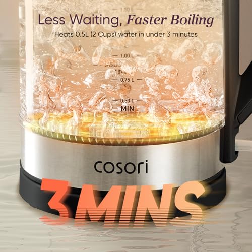 Cosori Electric Kettle, No Plastic Contact With Water, Wide Mouth For Easy Cleaning, Auto Shut Off, 1.7L Tea Kettle & Hot Water Boiler, Water Heater & Teapot, Borosilicate Glass, Black, 1500W - My Kitchen Products