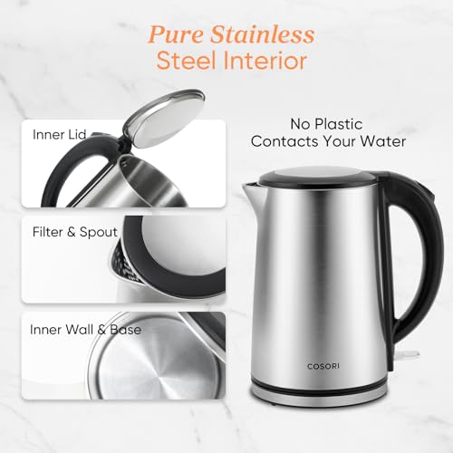 Cosori Electric Kettle, No Plastic Inner Lid, Filter & Spout, Stainless Steel Tea Kettle, Automatic Shut Off & Boil-Dry Protection, Durable Tea Kettle Boiler & Heater, 1.5L/1500W, Silver - My Kitchen Products