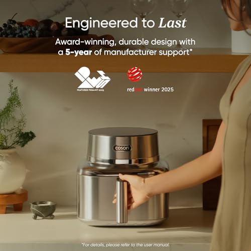 Cosori Iconic Stainless Steel 6.5 Qt Smart Air Fryer, PFAS-Free Ceramic Coating, Max 450°F, Consistent Cooking, Air Fry, Roast, Bake, Dry, Proof, Reheat, Dishwasher-Safe Basket, Chef-Crafted Recipes - My Kitchen Products