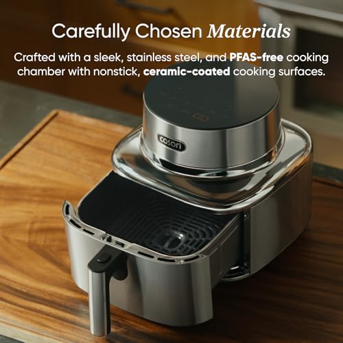 Cosori Iconic Stainless Steel 6.5 Qt Smart Air Fryer, PFAS-Free Ceramic Coating, Max 450°F, Consistent Cooking, Air Fry, Roast, Bake, Dry, Proof, Reheat, Dishwasher-Safe Basket, Chef-Crafted Recipes - My Kitchen Products