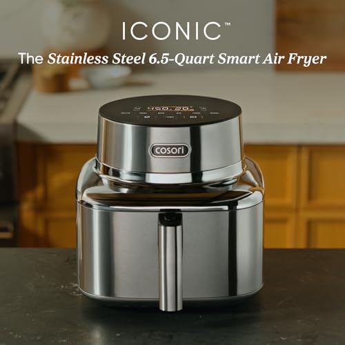 Cosori Iconic Stainless Steel 6.5 Qt Smart Air Fryer, PFAS-Free Ceramic Coating, Max 450°F, Consistent Cooking, Air Fry, Roast, Bake, Dry, Proof, Reheat, Dishwasher-Safe Basket, Chef-Crafted Recipes - My Kitchen Products