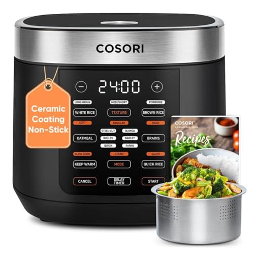 Cosori Rice Cooker 10 Cup, 24h Keep Warm, Non-stick Ceramic Inner Pot, 18 Functions Fuzzy Logic Rice Maker with Stainless Steel Steamer Basket, Sauté, Slow Cooker, Black - My Kitchen Products