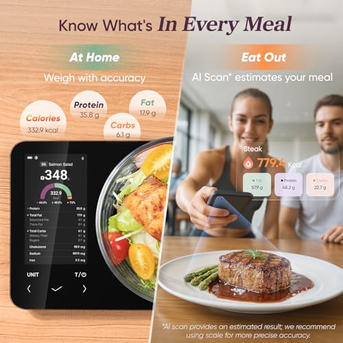 Cosori Smart Food Kitchen Scale with Nutritional Calculator, Free App for AI Scan, Calorie & Macro Tracking, Food Preload, On-Screen Nutrient Info, Personal Goals, Rechargeable, 11 lb / 5 kg - My Kitchen Products
