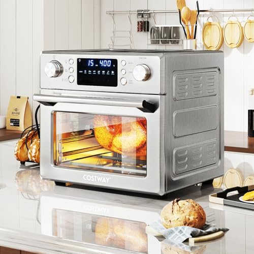 COSTWAY 14-in-1 Air Fryer Toaster Oven Combo, 1700W Dual Cook & 26 QT Large Capacity Stainless Steel Countertop Convection Oven with Bake, Rotisserie, Dehydrate & Defrost, LED Display, 7 Accessories - My Kitchen Products