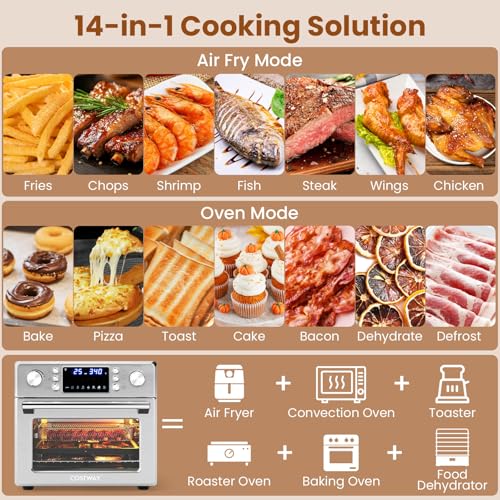 COSTWAY 14-in-1 Air Fryer Toaster Oven Combo, 1700W Dual Cook & 26 QT Large Capacity Stainless Steel Countertop Convection Oven with Bake, Rotisserie, Dehydrate & Defrost, LED Display, 7 Accessories - My Kitchen Products