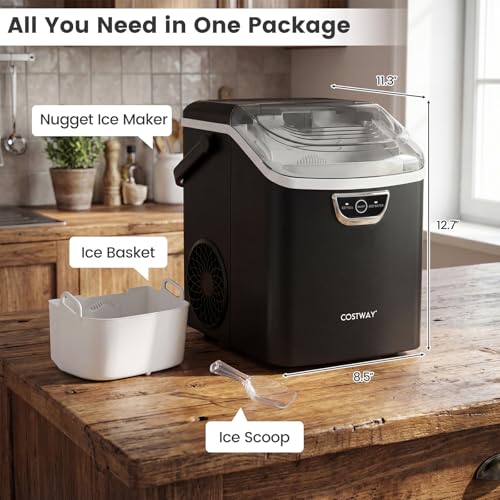 COSTWAY Nugget Ice Maker Countertop with Handle, 33 Lbs/24H Soft Chewable Ice, Ready in 6 Mins, Auto-Cleaning, Audible Ice Full Alarm, Portable Sonic Ice Machine for Home Kitchen Office, Black - My Kitchen Products