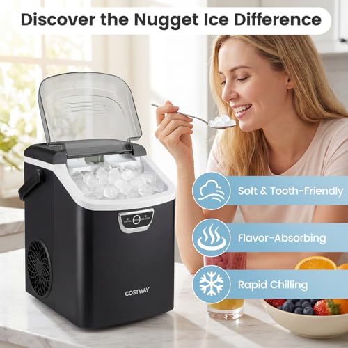 COSTWAY Nugget Ice Maker Countertop with Handle, 33 Lbs/24H Soft Chewable Ice, Ready in 6 Mins, Auto-Cleaning, Audible Ice Full Alarm, Portable Sonic Ice Machine for Home Kitchen Office, Black - My Kitchen Products
