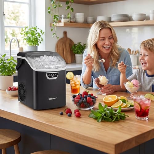 COSTWAY Nugget Ice Maker Countertop with Handle, 33 Lbs/24H Soft Chewable Ice, Ready in 6 Mins, Auto-Cleaning, Audible Ice Full Alarm, Portable Sonic Ice Machine for Home Kitchen Office, Black - My Kitchen Products