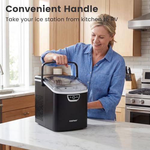COSTWAY Nugget Ice Maker Countertop with Handle, 33 Lbs/24H Soft Chewable Ice, Ready in 6 Mins, Auto-Cleaning, Audible Ice Full Alarm, Portable Sonic Ice Machine for Home Kitchen Office, Black - My Kitchen Products