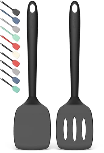 Coukre 2 Pack Silicone Spatula Set, High Heat Resistant, BPA Free Kitchen Spatula, Solid & Slotted Turner for Non-Stick Pans, Sautéing, and Flipping (2, PureBlack) - My Kitchen Products