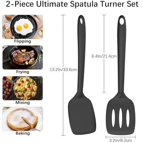 Coukre 2 Pack Silicone Spatula Set, High Heat Resistant, BPA Free Kitchen Spatula, Solid & Slotted Turner for Non-Stick Pans, Sautéing, and Flipping (2, PureBlack) - My Kitchen Products