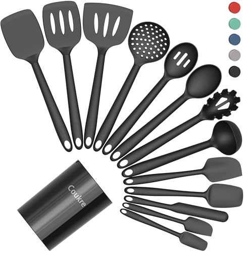 Coukre Silicone Kitchen Cooking Utensils Set with Holder – Heat-Resistant, Food-Grade Kitchen Tools, Spatula, Spoon & Gadgets for Non-Stick Pans, Dishwasher Safe (14, PureBlack) - My Kitchen Products