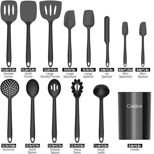 Coukre Silicone Kitchen Cooking Utensils Set with Holder – Heat-Resistant, Food-Grade Kitchen Tools, Spatula, Spoon & Gadgets for Non-Stick Pans, Dishwasher Safe (14, PureBlack) - My Kitchen Products