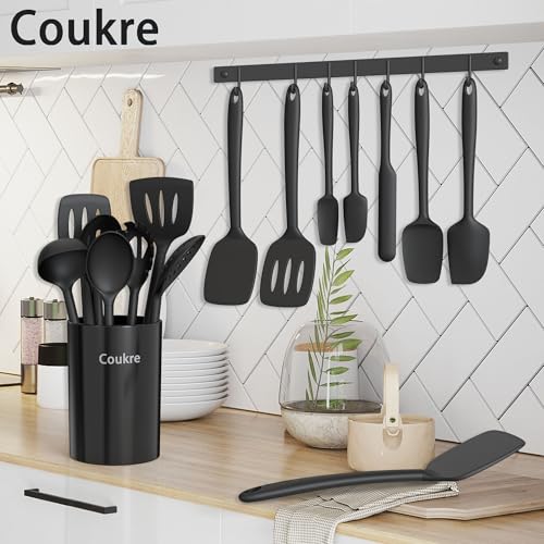 Coukre Silicone Kitchen Cooking Utensils Set with Holder – Heat-Resistant, Food-Grade Kitchen Tools, Spatula, Spoon & Gadgets for Non-Stick Pans, Dishwasher Safe (14, PureBlack) - My Kitchen Products