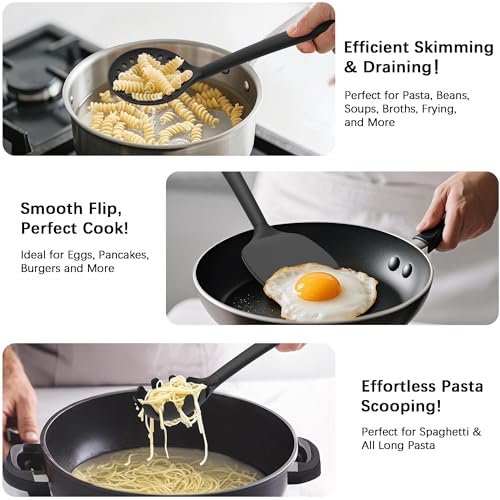Coukre Silicone Kitchen Cooking Utensils Set with Holder – Heat-Resistant, Food-Grade Kitchen Tools, Spatula, Spoon & Gadgets for Non-Stick Pans, Dishwasher Safe (14, PureBlack) - My Kitchen Products