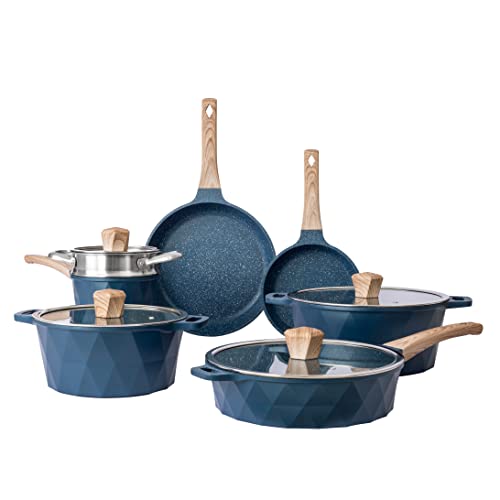 Country Kitchen Non-Stick Cast Aluminum Cookware Set - Durable Kitchen Cookware for Everyday Cooking, Navy Diamond, 11 Pc. - My Kitchen Products