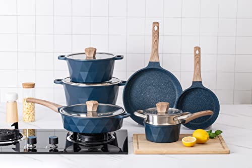 Country Kitchen Non-Stick Cast Aluminum Cookware Set - Durable Kitchen Cookware for Everyday Cooking, Navy Diamond, 11 Pc. - My Kitchen Products