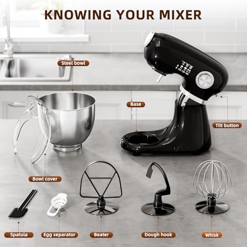 COWSAR Stand Mixer, 12 Speeds Tilt-Head Electric Commercial Stand Mixer, 3-In-1 Kitchen Mixer with Bowl, Dough Hook, Whisk and Beater, Black - My Kitchen Products