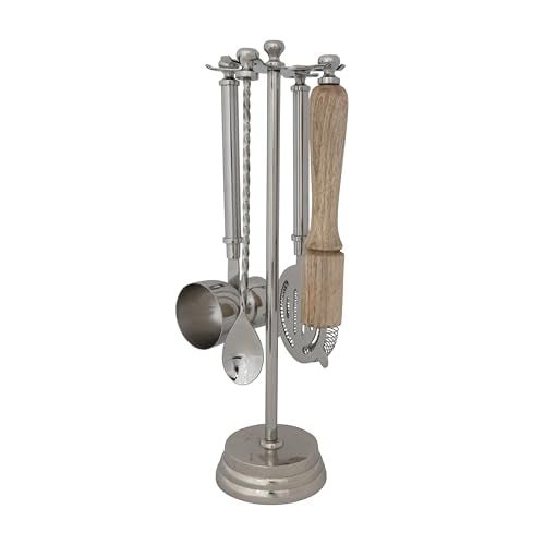 Creative Co-Op 5-Piece Stainless Steel and Mango Wood Bar Tools with Stand, Nickel Finish and Natural - My Kitchen Products