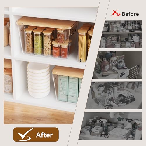 Criusia 2 Set Pantry Organizers and Storage with Bamboo Lids, Stackable Clear Bins for Onion, Potato, Fruit, Vegetables, Trash Bag Dispenser, Kitchen and Under Sink Organizer - My Kitchen Products